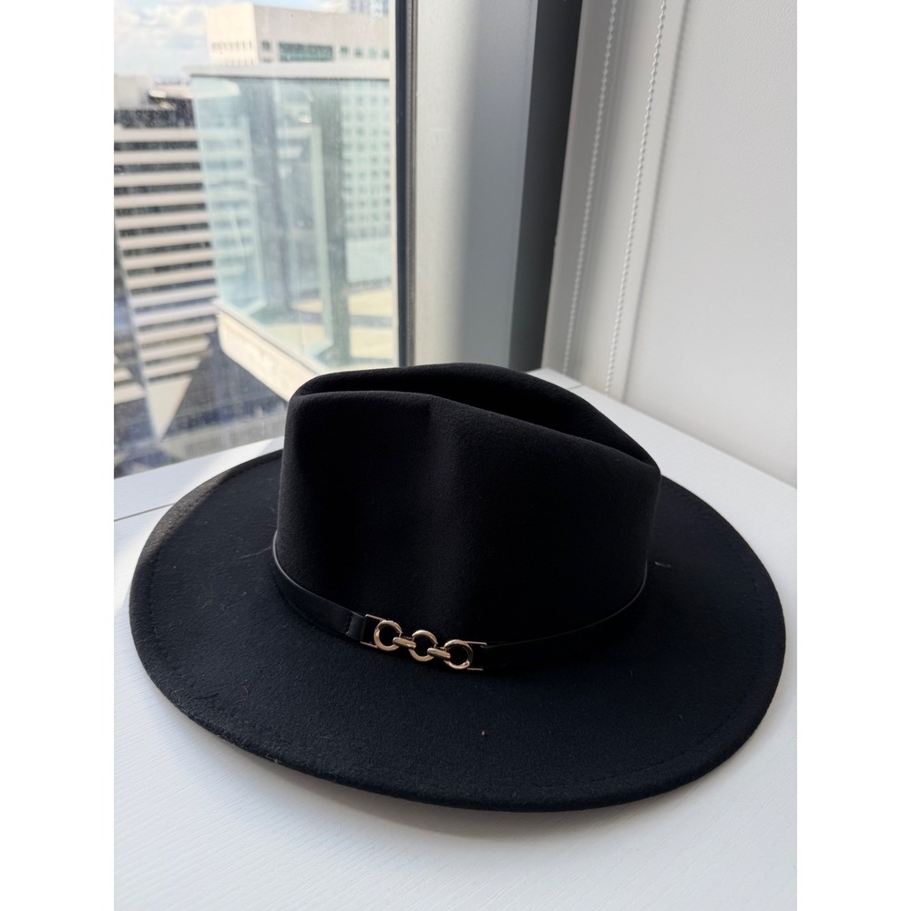 My Accessories London Black Fedora Hat Gold Chain Detail AS20HA30 Wide Brim NWT